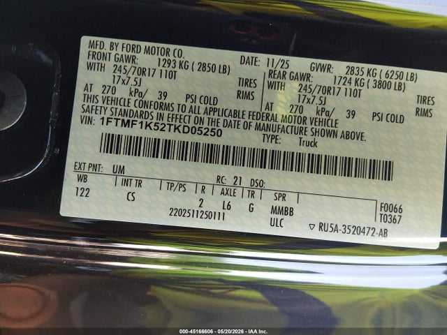 2026 Ford F-150 Xl მანქანა იყიდება აუქციონზე, vin: 1FTMF1K52TKD05250, აუქციონის ნომერი: 45166606