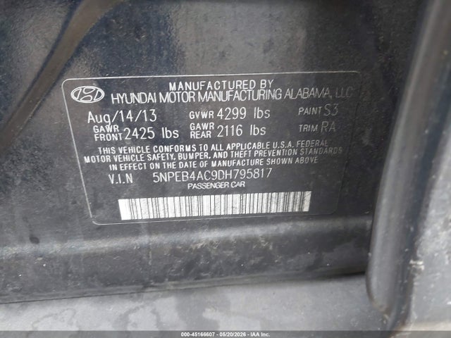 45166607 :رقم المزاد ، 5NPEB4AC9DH795817 vin ، 2013 Hyundai Sonata Gls مزاد بيع