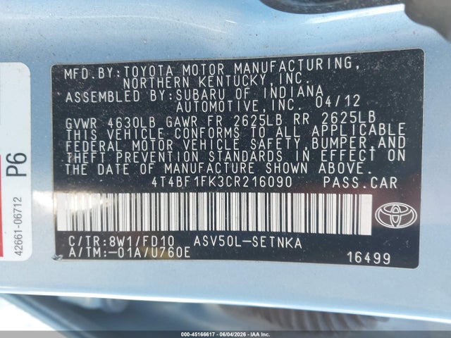 2012 Toyota Camry Le მანქანა იყიდება აუქციონზე, vin: 4T4BF1FK3CR216090, აუქციონის ნომერი: 45166617