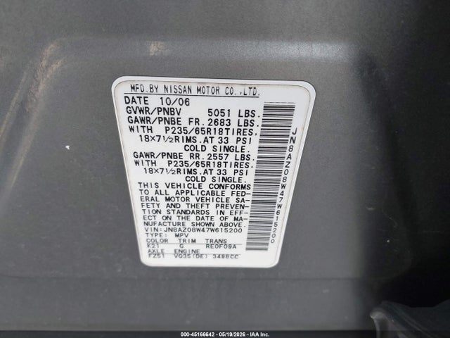 Aukcja sprzedaży 2007 Nissan Murano Sl, vin: JN8AZ08W47W615200, numer aukcji: 45166642