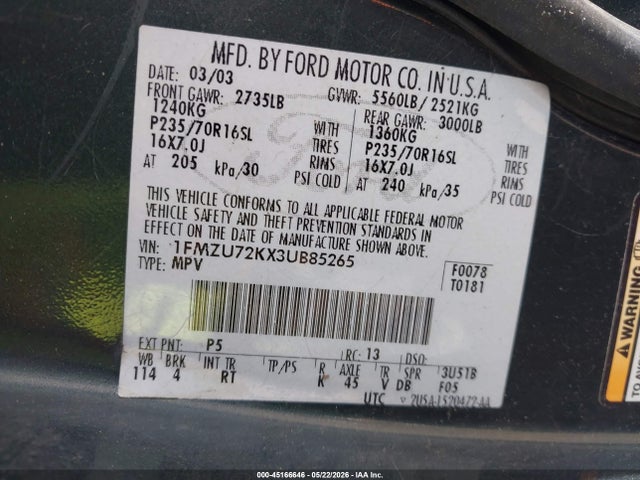 Aukcja sprzedaży 2003 Ford Explorer Xls, vin: 1FMZU72KX3UB85265, numer aukcji: 45166646
