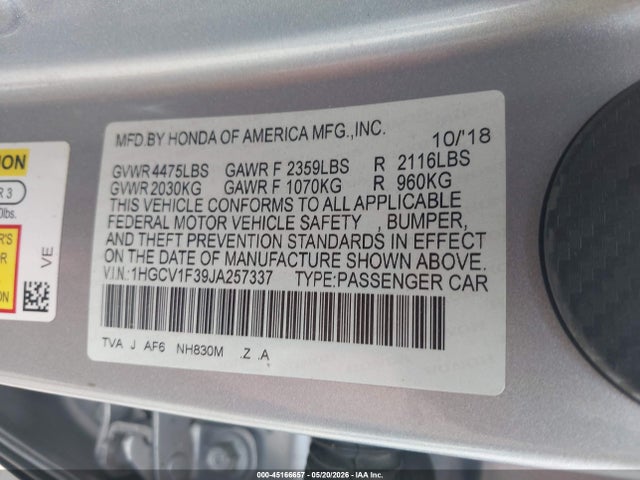 45166657 :رقم المزاد ، 1HGCV1F39JA257337 vin ، 2018 Honda Accord Sport مزاد بيع