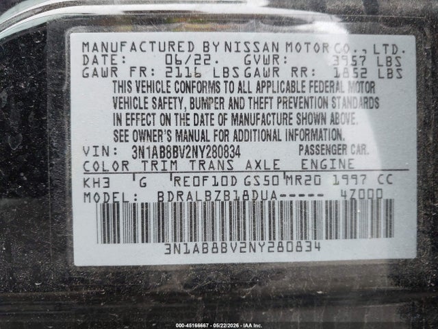Продажа на аукционе авто 2022 Nissan Sentra S Xtronic Cvt, vin: 3N1AB8BV2NY280834, номер лота: 45166667