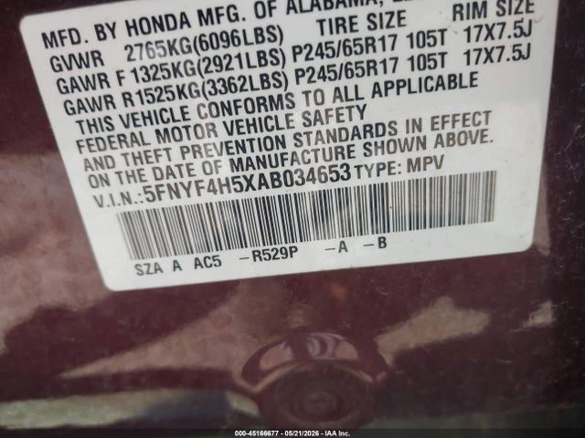 Продажа на аукционе авто 2010 Honda Pilot Ex-l, vin: 5FNYF4H5XAB034653, номер лота: 45166677