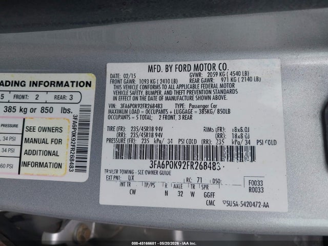 45166681 :رقم المزاد ، 3FA6P0K92FR268483 vin ، 2015 Ford Fusion Titanium مزاد بيع
