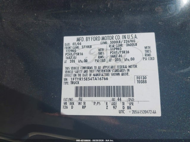 Aukcja sprzedaży 2004 Ford Ranger Xlt, vin: 1FTYR15E54TA16766, numer aukcji: 45166686