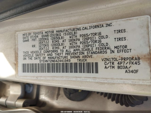 45166699 :رقم المزاد ، 5TEHN72N64Z441949 vin ، 2004 Toyota Tacoma Base V6 مزاد بيع
