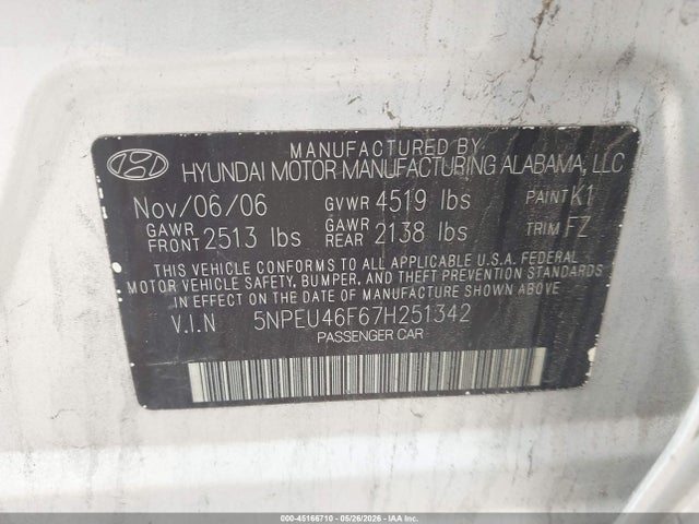 Aukcja sprzedaży 2007 Hyundai Sonata Limited/se V6, vin: 5NPEU46F67H251342, numer aukcji: 45166710
