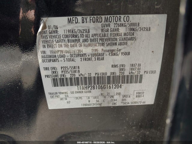 Продажа на аукционе авто 2006 Ford Five Hundred Limited, vin: 1FAHP28106G161204, номер лота: 45166715