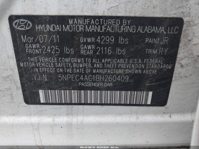 2011 Hyundai Sonata Limited მანქანა იყიდება აუქციონზე, vin: 5NPEC4AC1BH260409, აუქციონის ნომერი: 45166719