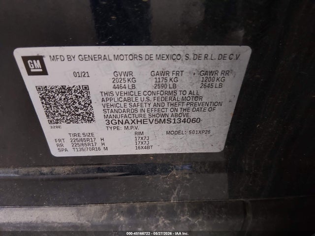 45166722 :رقم المزاد ، 3GNAXHEV5MS134060 vin ، 2021 Chevrolet Equinox Fwd Ls مزاد بيع