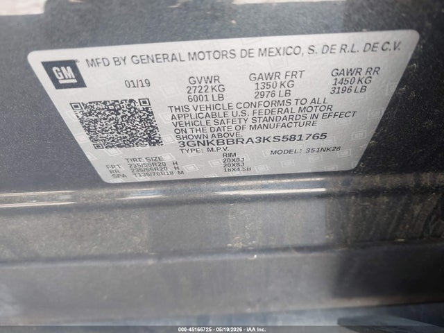 45166725 :رقم المزاد ، 3GNKBBRA3KS581765 vin ، 2019 Chevrolet Blazer مزاد بيع
