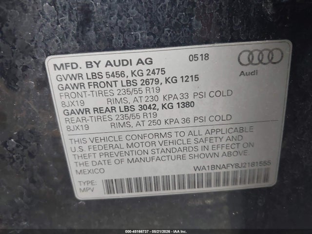 45166737 :رقم المزاد ، WA1BNAFY8J2181555 vin ، 2018 Audi Q5 2.0t Premium/2.0t Tech Premium مزاد بيع