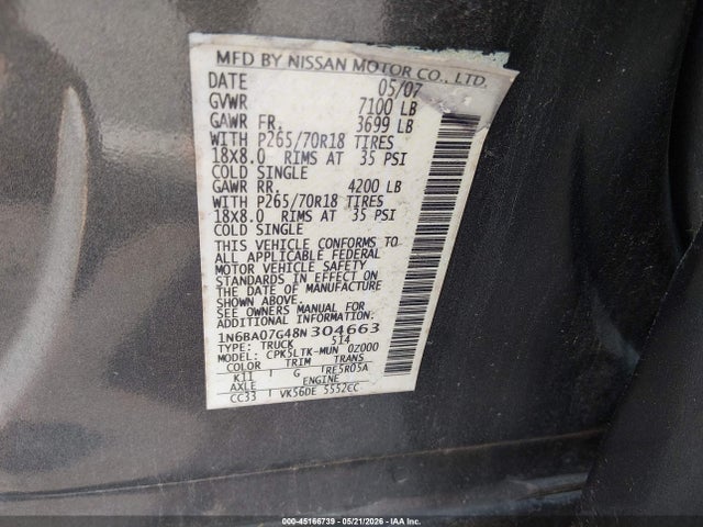 Aukcja sprzedaży 2008 Nissan Titan Se, vin: 1N6BA07G48N304663, numer aukcji: 45166739