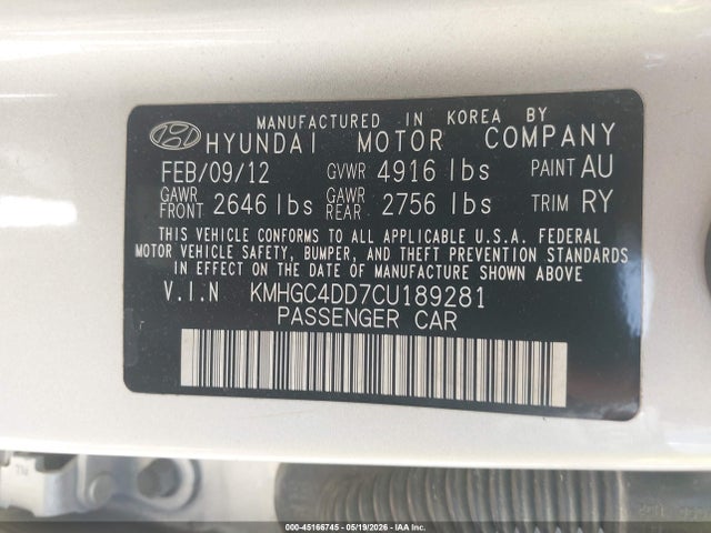 2012 Hyundai Genesis 3.8 მანქანა იყიდება აუქციონზე, vin: KMHGC4DD7CU189281, აუქციონის ნომერი: 45166745