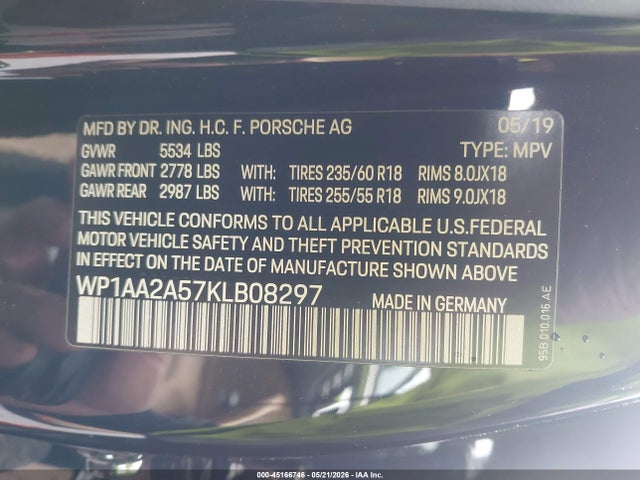 45166746 :رقم المزاد ، WP1AA2A57KLB08297 vin ، 2019 Porsche Macan مزاد بيع