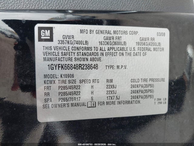Продаж на аукціоні авто 2008 Cadillac Escalade Esv Standard, vin: 1GYFK66848R238648, номер лоту: 45166753