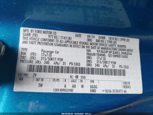 45166756 :رقم المزاد ، 1FADP3F24EL398204 vin ، 2014 Ford Focus Se مزاد بيع