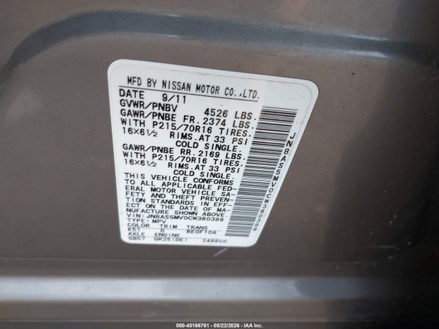 45166761 :رقم المزاد ، JN8AS5MV0CW360389 vin ، 2012 Nissan Rogue S مزاد بيع