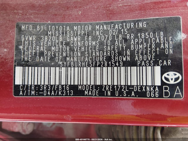 Toyota COROLLA LE 2015 5YFBURHE5FP281549 Image 9