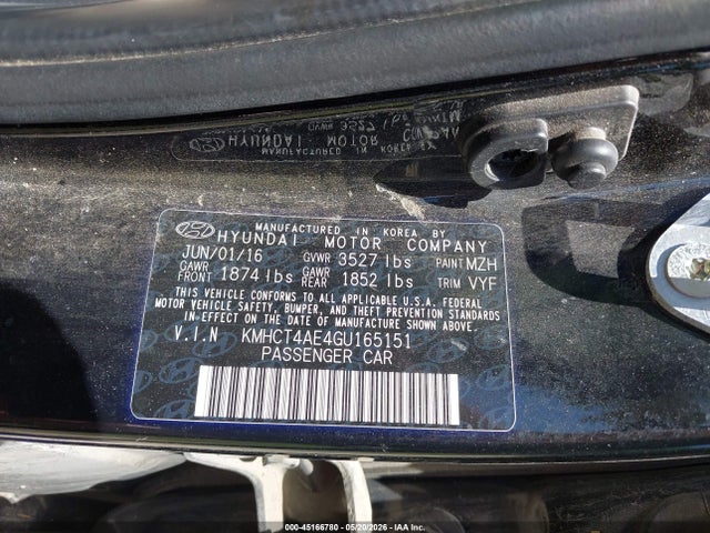 2016 Hyundai Accent Se მანქანა იყიდება აუქციონზე, vin: KMHCT4AE4GU165151, აუქციონის ნომერი: 45166780