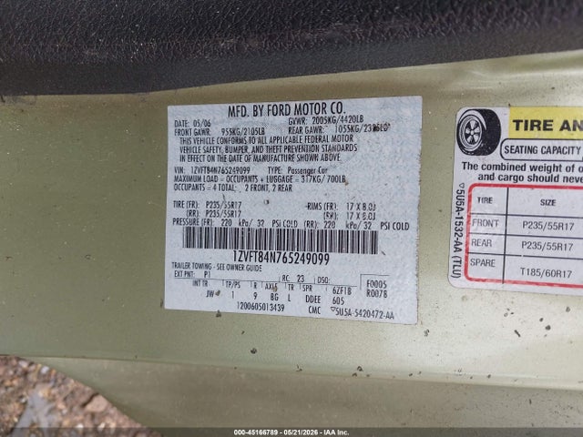 45166789 :رقم المزاد ، 1ZVFT84N765249099 vin ، 2006 Ford Mustang V6 مزاد بيع