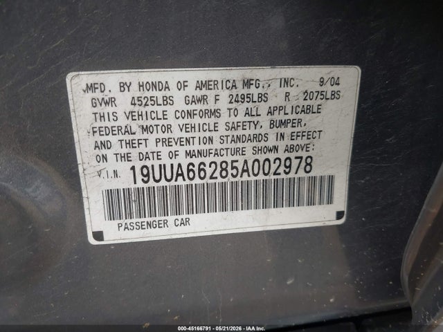 45166791 :رقم المزاد ، 19UUA66285A002978 vin ، 2005 Acura Tl مزاد بيع