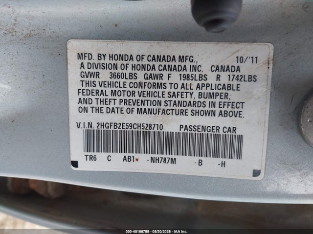 Продажа на аукционе авто 2012 Honda Civic Lx, vin: 2HGFB2E59CH528710, номер лота: 45166799