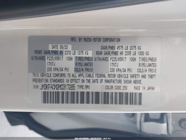 45166809 :رقم المزاد ، JM3KFACM2M0317285 vin ، 2021 Mazda Cx-5 Touring مزاد بيع