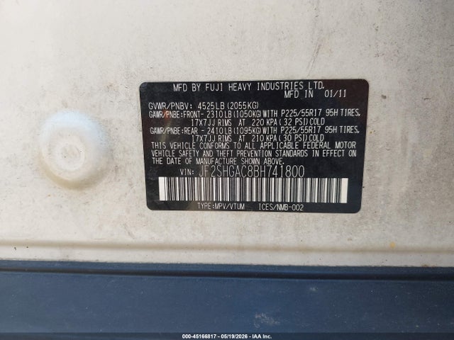 45166817 :رقم المزاد ، JF2SHGAC8BH741800 vin ، 2011 Subaru Forester 2.5xt Premium مزاد بيع