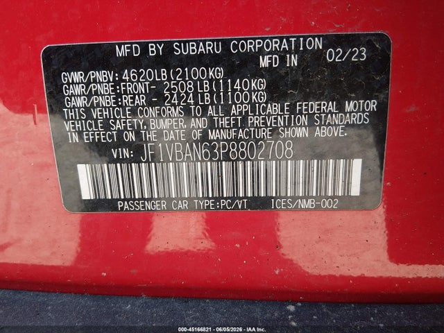 Продаж на аукціоні авто 2023 Subaru Wrx Limited, vin: JF1VBAN63P8802708, номер лоту: 45166821