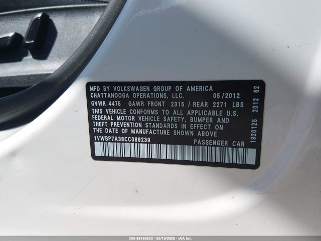 Aukcja sprzedaży 2012 Volkswagen Passat 2.5l Se, vin: 1VWBP7A38CC089239, numer aukcji: 45166828