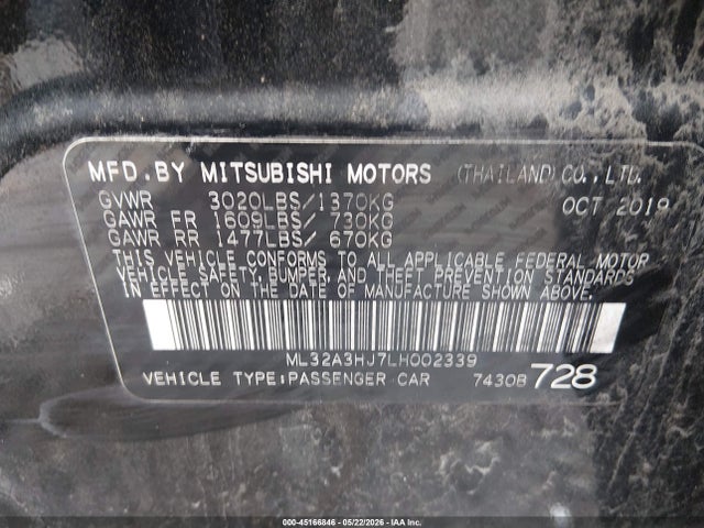 Продаж на аукціоні авто 2020 Mitsubishi Mirage Es, vin: ML32A3HJ7LH002339, номер лоту: 45166846