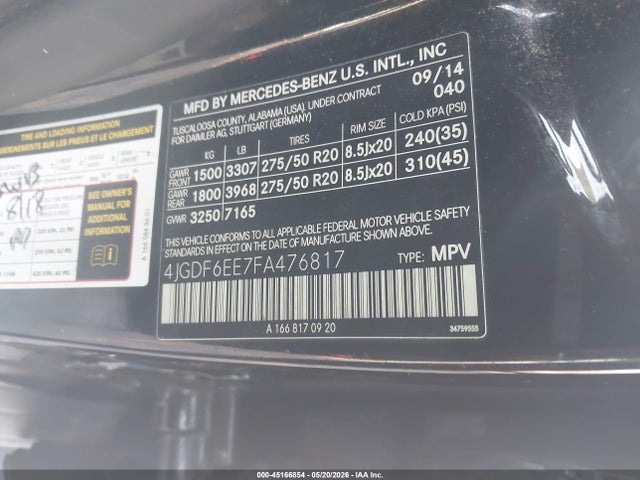45166854 :رقم المزاد ، 4JGDF6EE7FA476817 vin ، 2015 Mercedes-benz Gl 450 4matic مزاد بيع