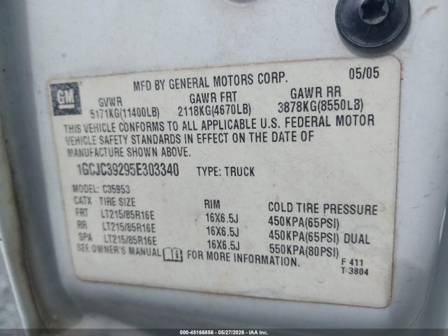 2005 Chevrolet Silverado 3500 Work Truck მანქანა იყიდება აუქციონზე, vin: 1GCJC39295E303340, აუქციონის ნომერი: 45166856