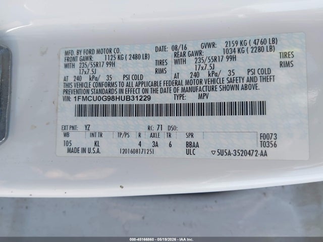 Продаж на аукціоні авто 2017 Ford Escape Se, vin: 1FMCU0G98HUB31229, номер лоту: 45166860