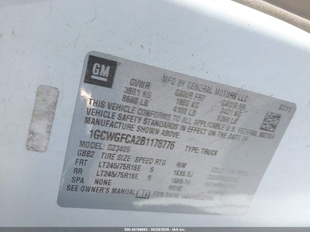 Aukcja sprzedaży 2011 Chevrolet Express 2500 Work Van, vin: 1GCWGFCA2B1178776, numer aukcji: 45166863