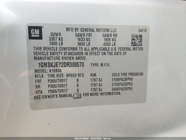 Продаж на аукціоні авто 2013 Chevrolet Suburban 1500 Lt, vin: 1GNSKJE72DR308570, номер лоту: 45166866