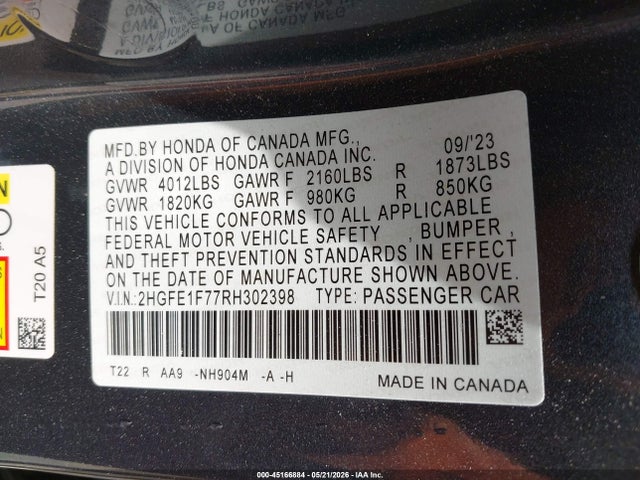 2024 Honda Civic Ex მანქანა იყიდება აუქციონზე, vin: 2HGFE1F77RH302398, აუქციონის ნომერი: 45166884