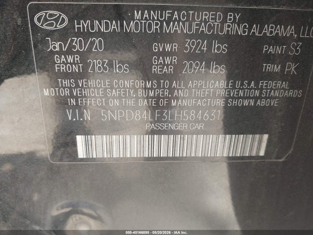 2020 Hyundai Elantra Sel მანქანა იყიდება აუქციონზე, vin: 5NPD84LF3LH584631, აუქციონის ნომერი: 45166895