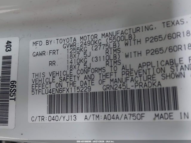 45166896 :رقم المزاد ، 5TFLU4EN6FX115229 vin ، 2015 Toyota Tacoma Base V6 مزاد بيع