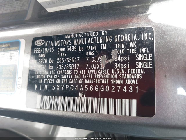 2016 Kia Sorento 3.3l Lx მანქანა იყიდება აუქციონზე, vin: 5XYPG4A56GG027431, აუქციონის ნომერი: 45166897