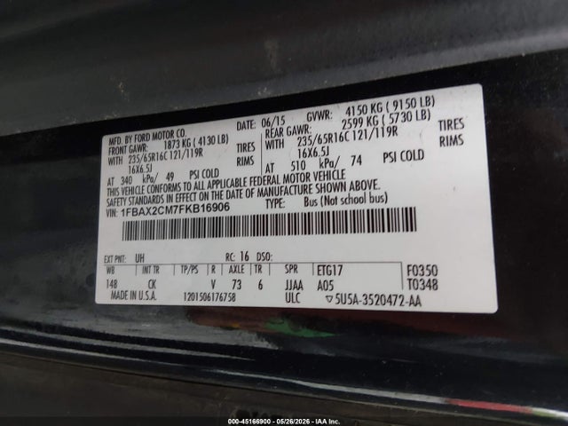 Aukcja sprzedaży 2015 Ford Transit-350 Xlt, vin: 1FBAX2CM7FKB16906, numer aukcji: 45166900
