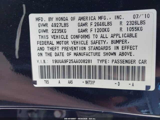 2010 Acura Tl 3.7 მანქანა იყიდება აუქციონზე, vin: 19UUA9F25AA008281, აუქციონის ნომერი: 45166907