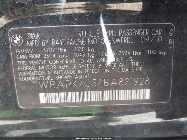 45166914 :رقم المزاد ، WBAPK7C54BA821928 vin ، 2011 Bmw 328i Xdrive مزاد بيع