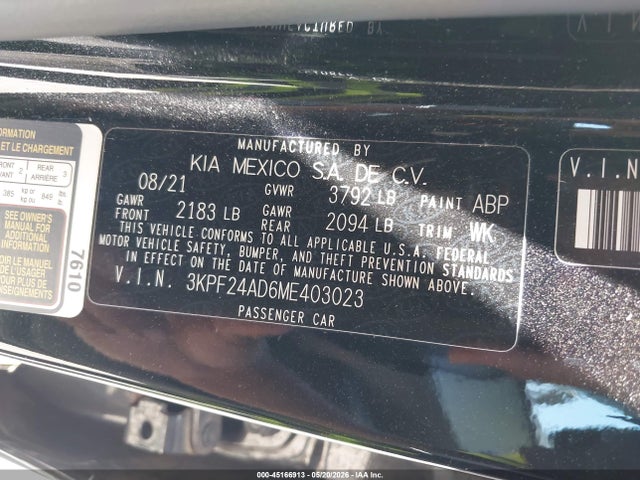 Aukcja sprzedaży 2021 Kia Forte Lxs, vin: 3KPF24AD6ME403023, numer aukcji: 45166913