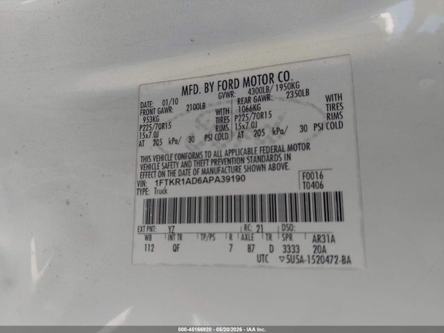 Aukcja sprzedaży 2010 Ford Ranger Xl/xlt, vin: 1FTKR1AD6APA39190, numer aukcji: 45166920