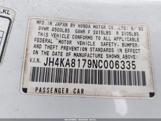 1992 Acura Legend Ls მანქანა იყიდება აუქციონზე, vin: JH4KA8179NC006335, აუქციონის ნომერი: 45166932