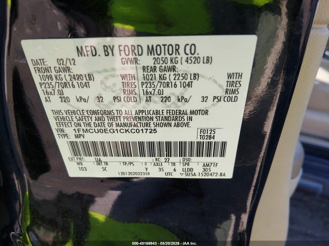 45166943 :رقم المزاد ، 1FMCU0EG1CKC01725 vin ، 2012 Ford Escape Limited مزاد بيع