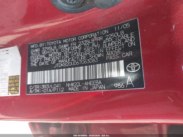 Auction sale of the 2006 Toyota Prius, vin: JTDKB20U067063083, lot number: 45166955